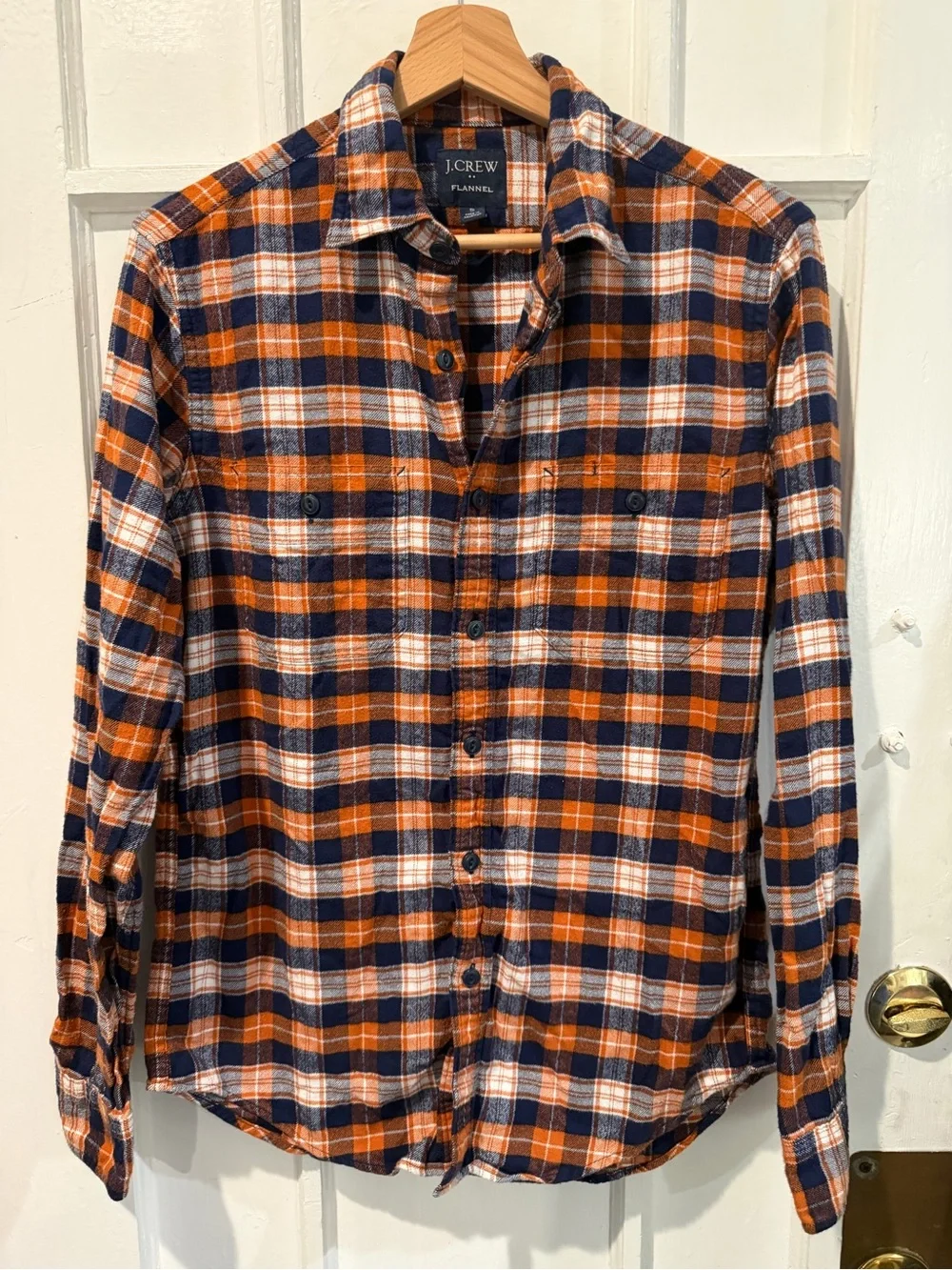 J. Crew Orange, Navy & White Plaid Flannel Button-Down Shirt